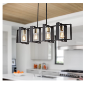 35.4" Kitchen Island Lighting Fixture, Dining Room 4 Lights Chandeliers, Black Wood+Metal Pendant Light for Foyer Hallway Living Room