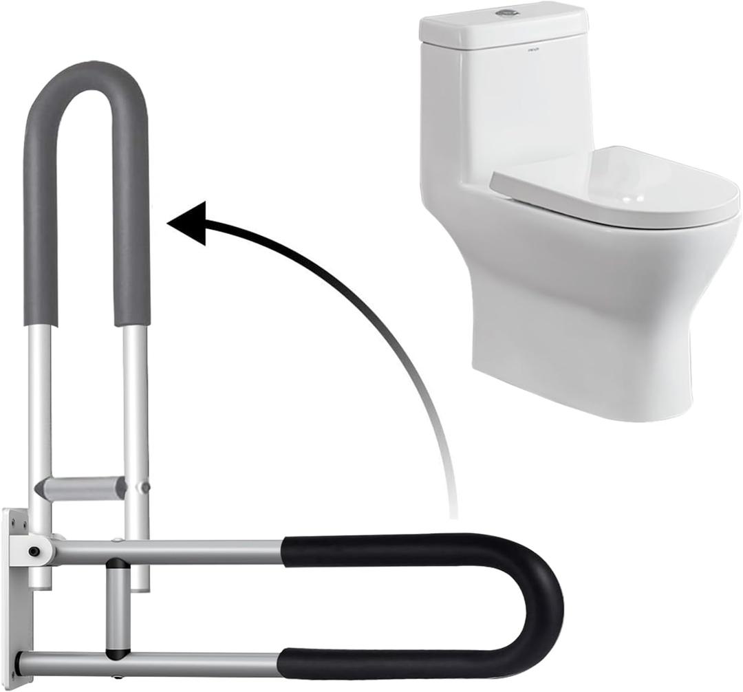Toilet Grab Bar 28 Inch Flip Up Aluminum Handicap Rails Grab Bars Toilet Rail Bathroom U Shaped and Wall Mount Safety for Seniors Elderly Disabled Pregnant Injured Patients (Black)