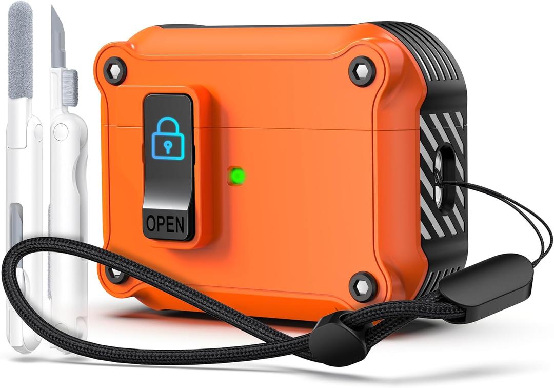 R-fun for AirPods Pro 2nd Generation 2024/2023(USB-C),2022(Lightning Cable),1st Gen 2019 Charging Case, [Auto Pop-Up Lid Design] Heavy Duty Protection Case with Cleaner Kit and Lanyard,Orange