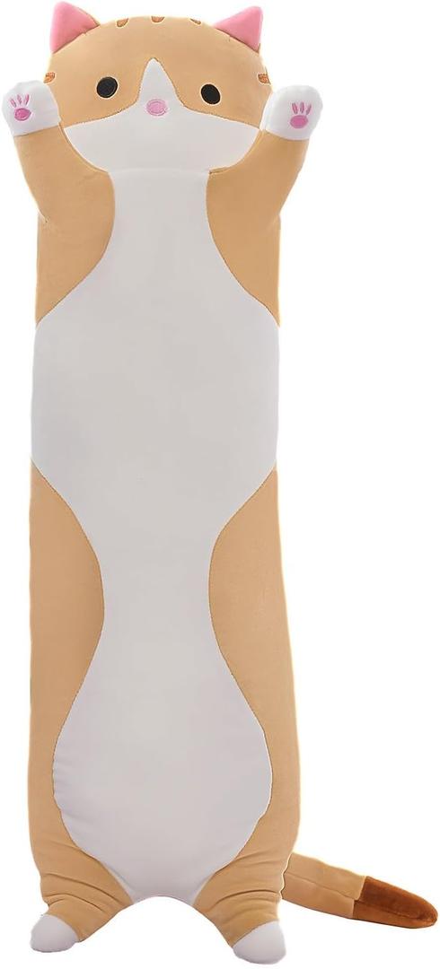 Cute Cat Plush Long Body Pillow Soft Cartoon Stuffed Animal Doll, Kawaii Cat Plushie Cuddle Toy for Kids, Girls & Girlfriend (Brown, 19.7 Inch)