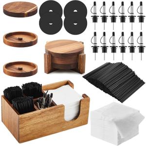 Mifoci Bar Glass Rimmer Bartender Tool with 12 Pcs Stainless Steel Classic Bottle Pourer Bar Caddy with 6 Compartment 1000 Pcs Coffee Cocktail Stirrers 200 Napkin (3 Tier,Multifunctional Acacia Wood)