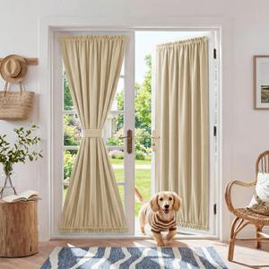 RYB HOME 100% Blackout French Door Curtain for Sidelight Glass Window No Coating - Privacy Assured Thermal Insulated Room Darkening Drapes for Sidelight Window, W 26 x L 72, 1 Panel, Biscotti Beige