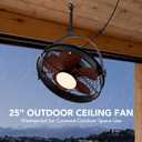 25 Inch Outdoor Ceiling Fan with Lights and Remote, Waterproof Gazebo Hanging Fan with 3CCT Dimmable, Black Plug in Caged Ceiling Fan for Patios Porch Pergola,Canopy