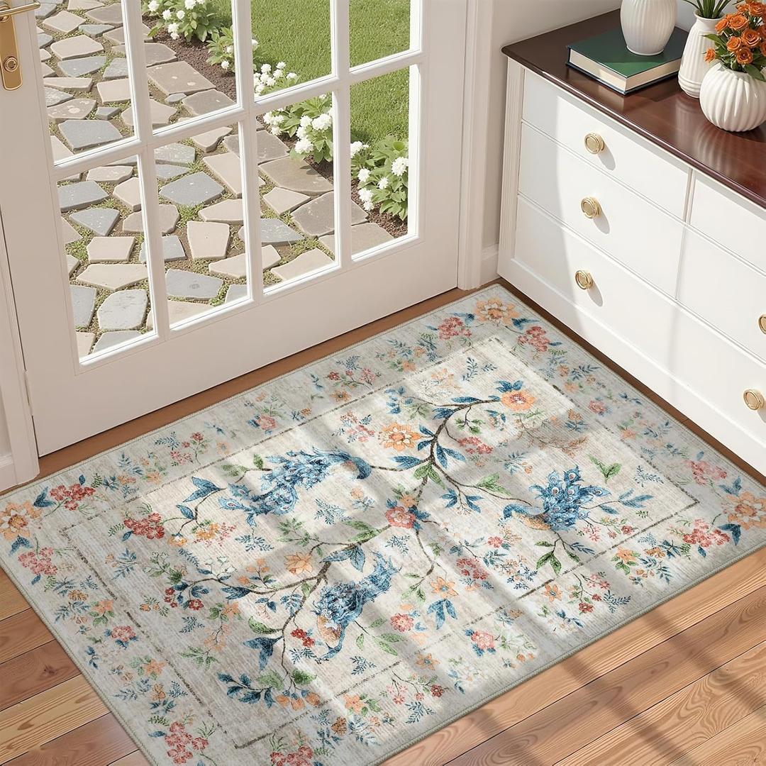 GarveeHome Small Entryway Rug, 2x3 Beige Washable Front Door Rug Indoor Entrance Floral Peacock Carpet Non-Slip Low Pile Throw Rugs for Kitchen Floor, Powder Room, Entry, Bathroom, Kids Room