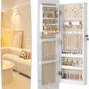 Nicetree Mirror Jewelry Cabinet Wall Mounted, Lockable Hanging Jewelry Armoire Organizer, Rounded Jewelry Armoire with Full Length Mirror, Wide Mirror with Storage, Moon White