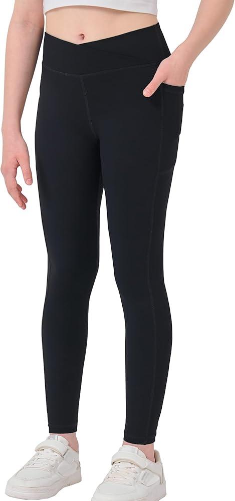 Girls Crossover Yoga Pants, Kids Athletic Leggings with Pockets, Teen Girls Dance Running Workout Leggings XL