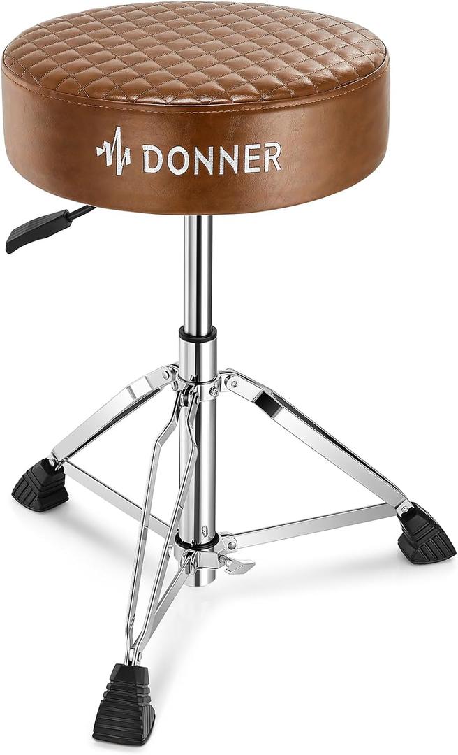Donner Drum Throne Seat DT-150, Professional Drum Stool - Adjustable Hydraulic Height, Thick Padded Anti-Slip Cushion, Double-Braced Stability, Brown