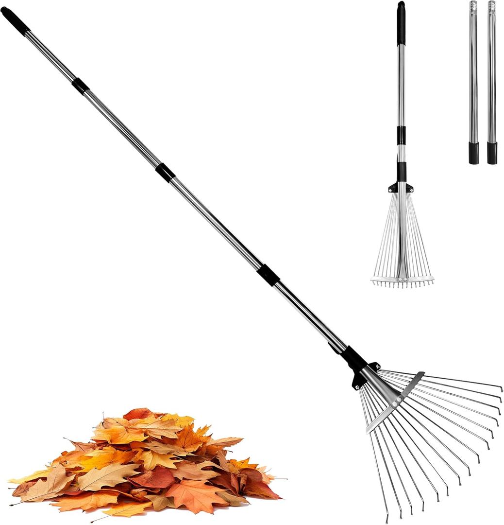 Garden Rake for Leaves, Heavy Duty Metal Adjustable Leaf Rake for Lawns, Long Handle 33"-69" with Expandable Head 8"-15", Garden Tools for Yard, Lawn, Shrub Garden Beds