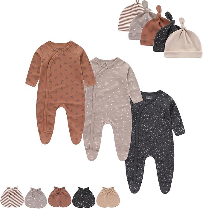 Baby Boy Girls Clothes 2-Way Zip Footed Long Sleeve 100% Cotton,Newborn Caps and Scratch Mittens Set 0-6 Months 