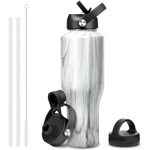 HYDROWION 40 oz Insulated Water Bottle with Straw fit in Car Cup Holder(Cold 48 hrs, Hot 24 hrs) Drinking Bottle with Straw Lid, Spout Lid and Flex Cap Leakproof Travel Thermo Mug，Marbling
