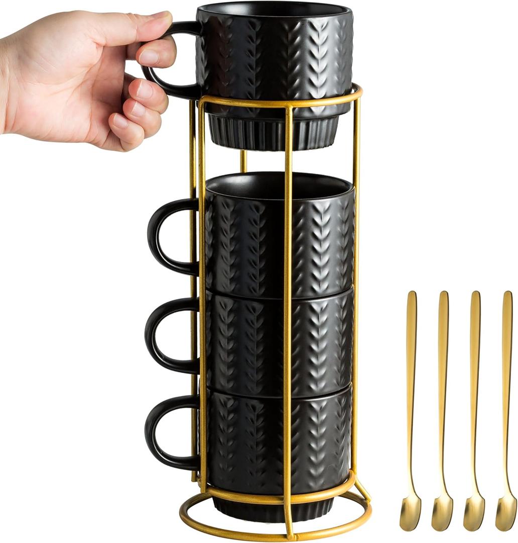 Stackable Coffee Mugs, Coffee Mug Set of 4 with Spoons & Stand, 13oz Espresso Cups for Drinks Latte Cappuccino Tea, Coffee Cup for Housewarming Birthday Gift, Dishwasher Safe, Black