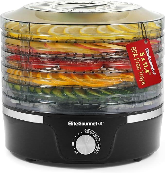 Elite Gourmet EFD319 Food Dehydrator, 5 BPAFree 11.4" Trays Adjustable Temperature Controls, Jerky, Herbs, Fruit, Veggies, Dried Snacks, Black