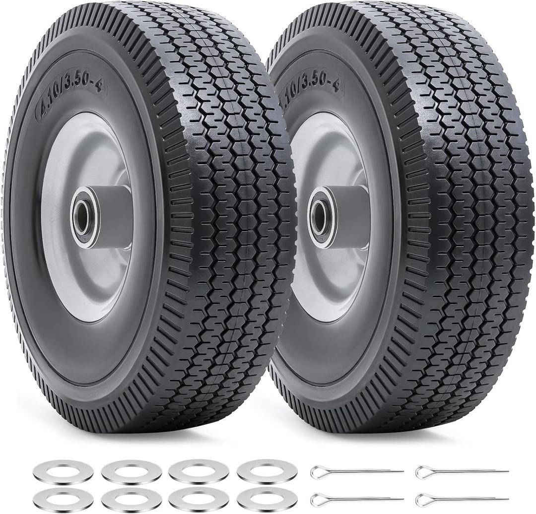 10 Flat Free Tires, 4.10/3.50-4 Solid Tires and Wheels with 5/8 Axle Bore Hole and Double Sealed Bearings Compatible with Hand Truck Wheelbarrow Tire Lawn Mower Tire (Silver, 2PCS) P-091