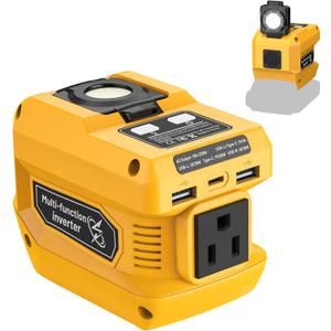 220W Power Inverter Compatible with Dewalt 20V Battery, DC 20V to AC 110V Portable Power Station with 1 AC Outlet, 2 USB Ports & 1 Type-C Fast Charging, 400LM LED Work Light (Yellow)