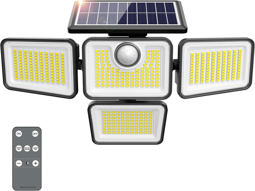 4500LM Solar Lights Outdoor, 4 Adjustable Heads Motion Sensor Lights, 3 Modes, 6500K, IP65 Waterproof Solar Security Wall Lights, Remote Control Flood Lights, Garden, Outside, Backyard, 1 Pack