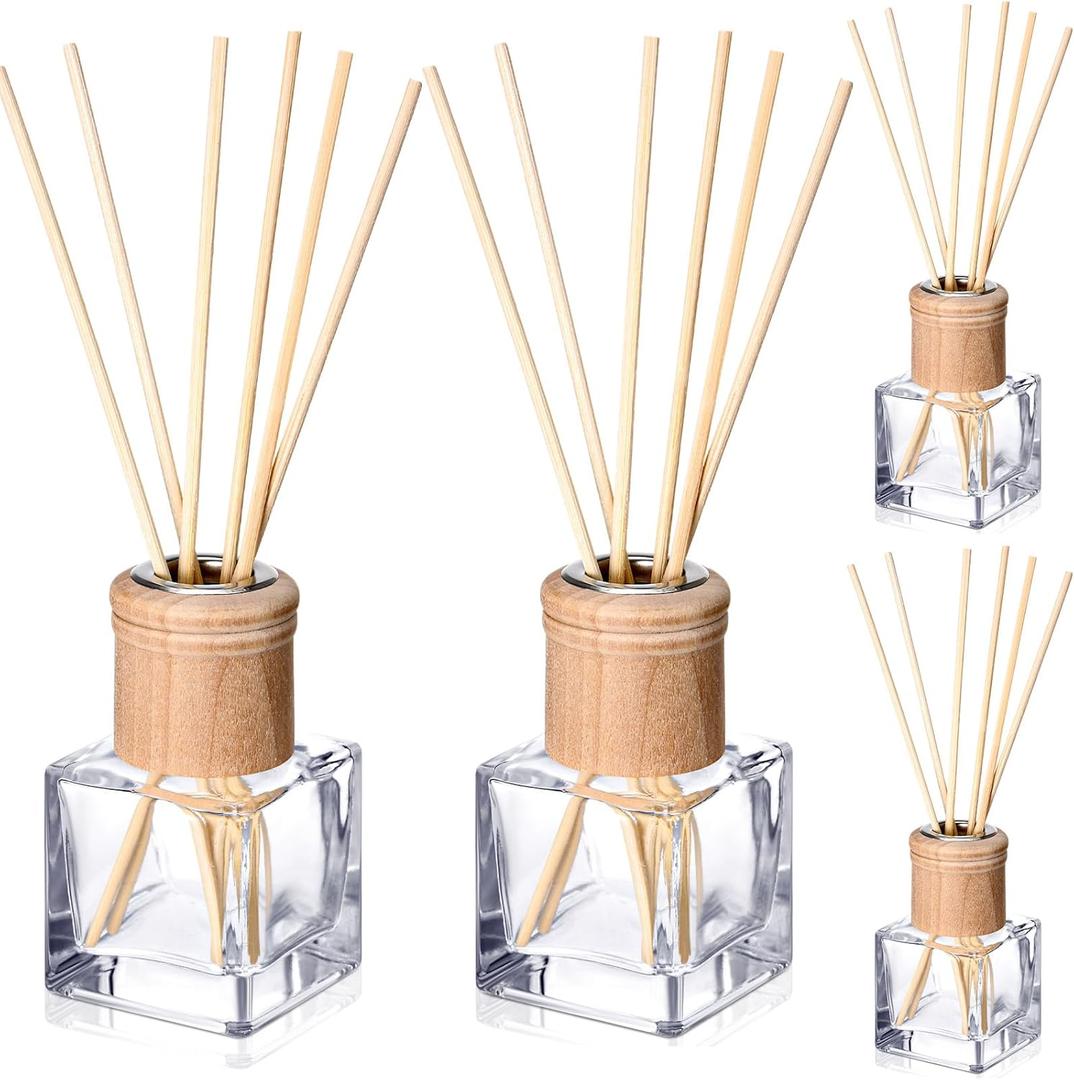 Roshtia 4 Set Reed Diffuser Bottle Empty Refillable Fragrance Glass Diffuser Bottles with Wooden Caps Rattan Sticks 50ml 1.7 oz Glass Jars for DIY Fragrance