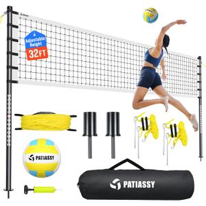 Outdoor Volleyball Net Set for Backyard & Beach, 32FT Regulation Size, Easy Setup Adjustable Height Poles, Portable Net System with PU Volleyball, Pump & Carry Bag