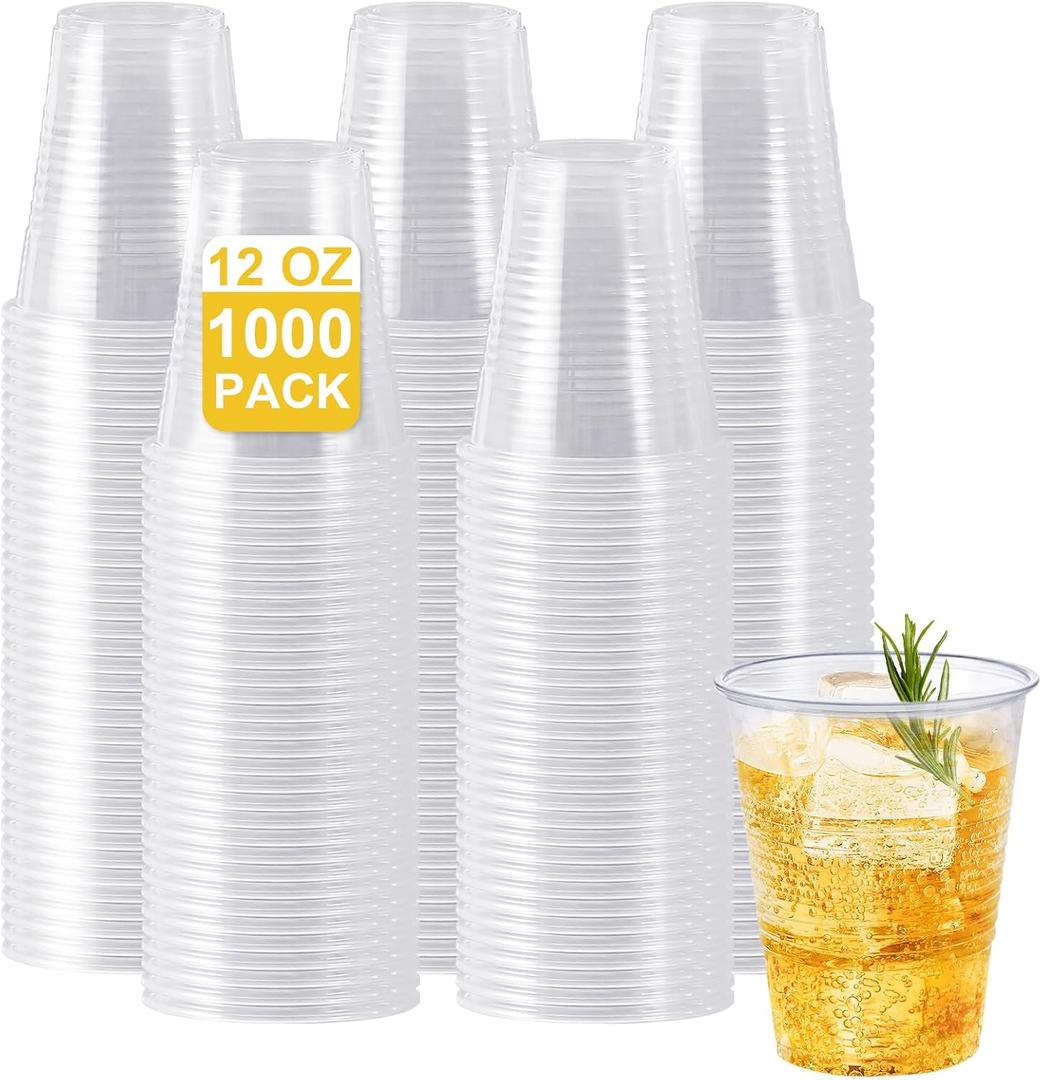 SIUQ 1000 Pack 12 oz Clear Plastic Cups, Bulk Disposable Cups 12 Ounce, Cold Party Drinking Cups for Party, Picnic, BBQ, Wedding, Travel, Halloween, Christmas, Events