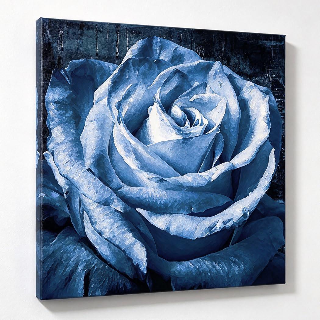 Woxfcart Rose Floral Canvas Wall Art, 24 x 24 Vintage Dark Blue Flower Pictures Print, Bedroom Living Room Bathroom Home Decor