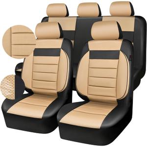 CAR PASS Leather Seat Covers Full Set Universal Water Resistant 3D Foam Back Support, Luxury Comfort Automotive 5 Seat Covers All Season Fit for SUV,Sedan,Van, Airbag Compatible Elegance(Beige Black) (Black and Beige)