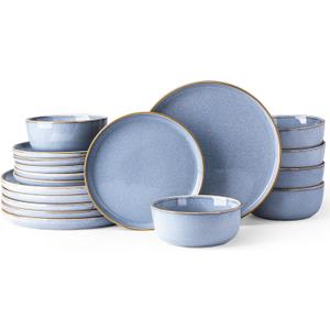 GBHOME Ceramic Dinnerware Sets for 6, 18 Pieces Stoneware Plates and Bowls Sets, Scratch Resistant Dish Sets for Dinner, Dishwasher & Microwave Safe, Brunnera Blue
