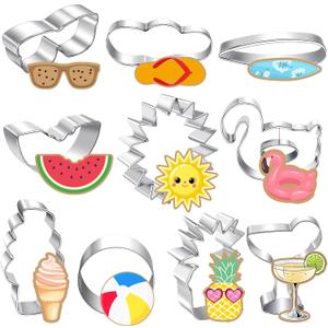 10 Pieces Summer Pool Cookie Cutters Pineapple, Ice Cream, Flamingo, Flip Flop Sunglasses, Watermelon Cookie Cutters Molds for Summer Tropical Beach Pool Party Supplies Decorations