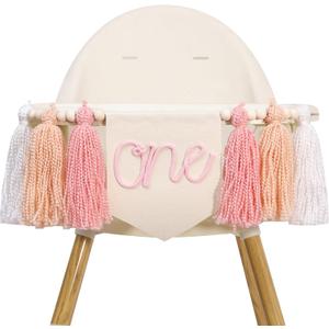 One Birthday High Chair Banner - Little Princess 1st Birthday Party Decorations,First Bday Pink Tassel Garland,Happy Cake Smash Hanging Banner,Photo Props for Highchair (Pink)