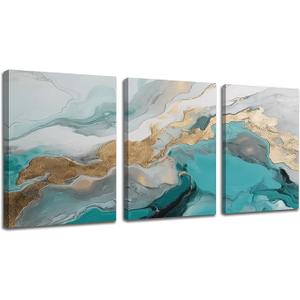 RUIFENGL Abstract Teal and Gold Canvas Prints Wall Art for Living Room Office Wall Decor Artwork Paintings Pictures for Bedroom Bathroom Home Wall Decoration Office Poster 16"x24"x3 Panels