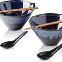 KOOV Porcelain Japanese Ramen Bowls with Chopsticks and Spoons, 26 Ounce, Deep Pho Bowl, Reactive Glaze (Blue Galaxy), Set of 2 (26OZ)