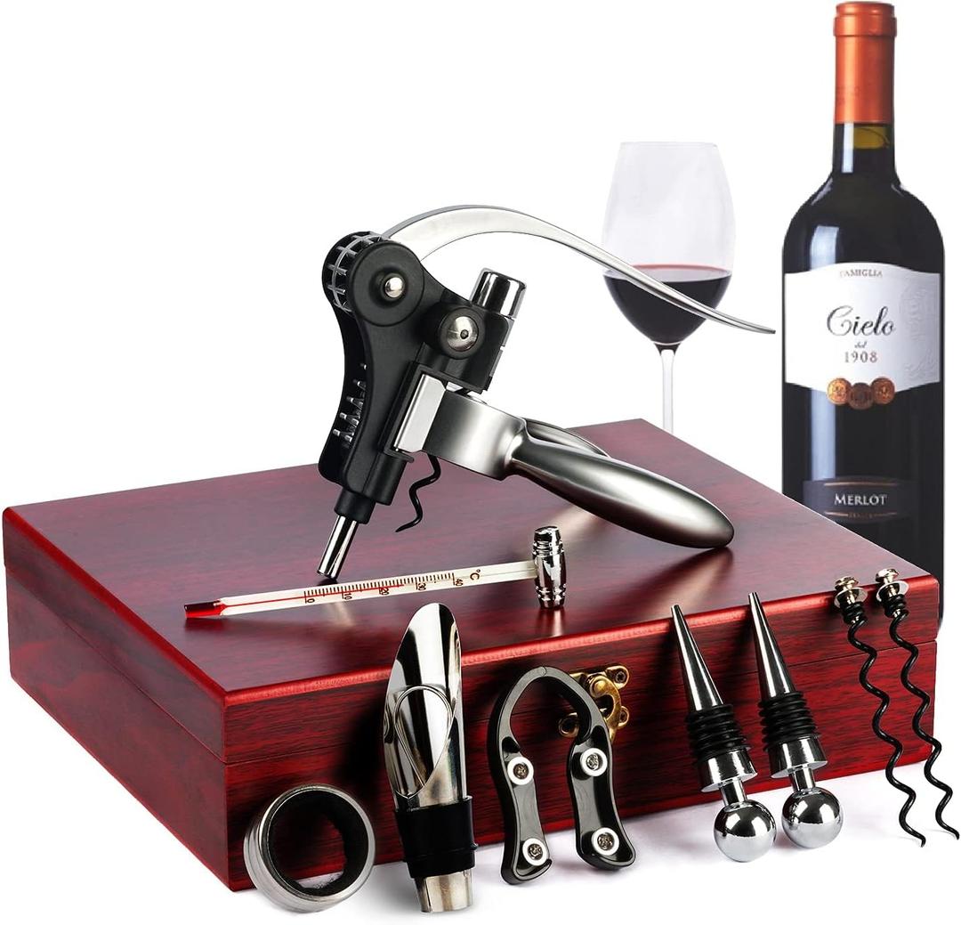 9-Pieces Corkscrew Wine Opener Set, Stainless Steel Cork Screw Rabbit Wine Bottle Opener Kit Including Foil Cutter, Pourer, Vacuum Wine Stopper Corkscrews etc, Ideal Wine Sets Gifts for Women & Men