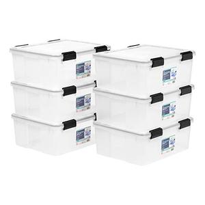 IRIS USA WeatherPro 31 Qt Storage Bins with Lids, 6 Pack, BPA-Free Plastic Gasket Box with Tight Latch and Seal, Stackable Nestable Tote Tub - Clear/Black