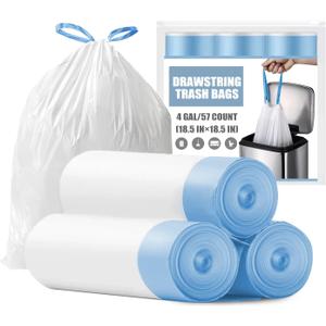 Small Trash Bags 4 Gallon - Drawstring 4 Gallon Trash Bag, Tear-Free 4 Gal Small Garbage Bags, Separated Unscented White Small Trash Bags Bathroom Trash Bags, 57 Count