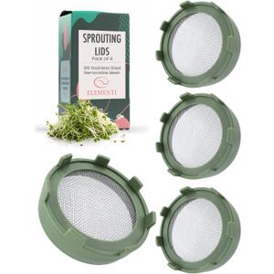 Elementi Sprouting Lids for Wide Mouth Mason Jars (Set of 4), Sprouting Jar Kit for Organic Alfalfa & Mung Bean Sprouts Growing Kit, 316 Stainless Steel Mesh Screen Strainer Lid (Sage Green)