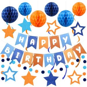 Pre-Strung Happy Birthday Decorations for Boys Men Women, Orange Blue Birthday Banner with Honeycomb Balls, Stars Hanging Swirl Streamers, Circle Dots Garland