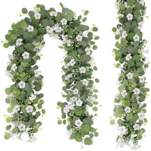 Artificial Eucalyptus Garland with Morning Glory Flowers, 2 Pack Faux Eucalyptus Leaves Greenery Garland Hanging Vines for Wedding Party Backdrop Mantle Table Arch Wall Decor, 6 FT Indoor Outdoor