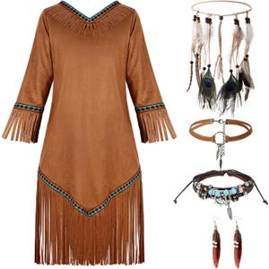 Foaincore 5 Pcs Indian Costume Set Native Princess Costume Supplies for Halloween (Large)