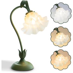 AQDZCNF Flower Table Lamp,LED Reading Light Bedside Vintage Flower Night Light,3 Colors Modes Kawaii Bedside Lamps Decor,Living Room Bedroom Room Lighting Table Lamps Home Decoration (Green)