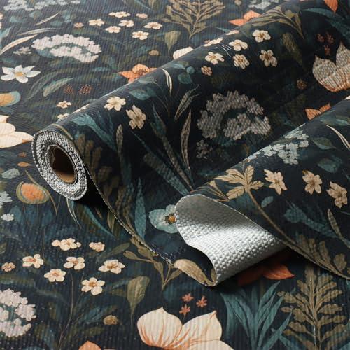 Amiitay Vintage Floral Drawer Liner, Non-Adhesive and Strong Non-Slip Floral Shelf Cabinet Drawer Liners for Kitchen, Waterproof Cupboard Liners,Easy to Clean,12IN x 10FT,Dark Green