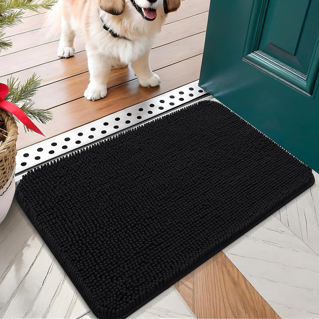 OLANLY Dog Door Mat for Muddy Paws 24x16, Absorbs Moisture and Dirt, Absorbent Non-Slip Washable Mat, Quick Dry Chenille, Mud Mat for Dogs, Entry Indoor Door Mat for Inside Floor, Black