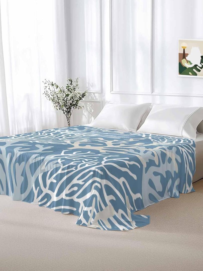 Full Flat Sheet Top Sheet Only, Ocean Undersea Coral Seaweed Soft Microfiber Breathable Bed Sheets, Watercolor Marine Life on Blue Hotel Luxury Bedding Flat Sheets