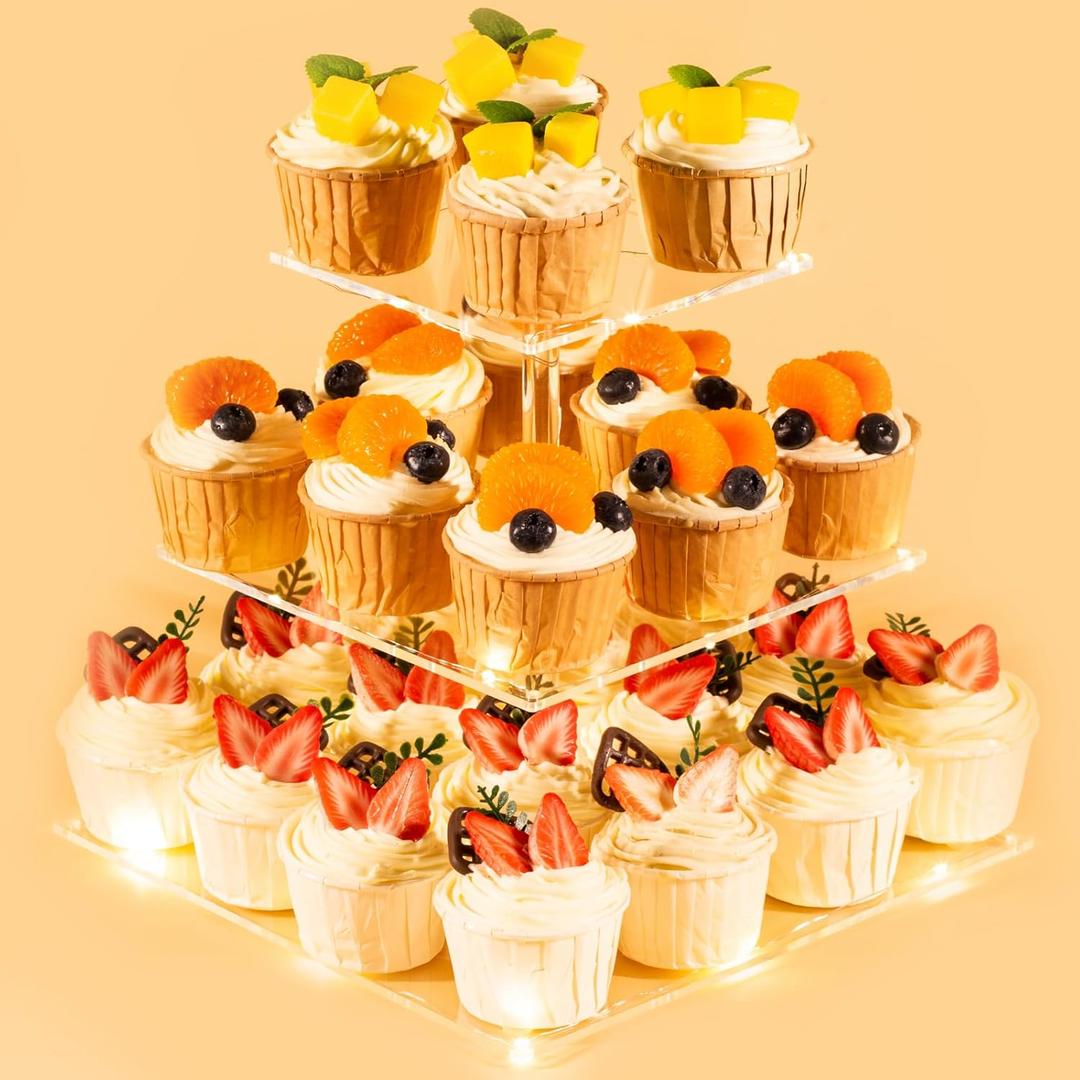 3 Tier Cupcake Stand Cupcake Holder, Acrylic Cupcake Tower with LED Yellow Light for 24 Cupcakes, Dessert Table Display Set for Birthday, Bar, Decor Weddings, Parties Events (3 Tire square)