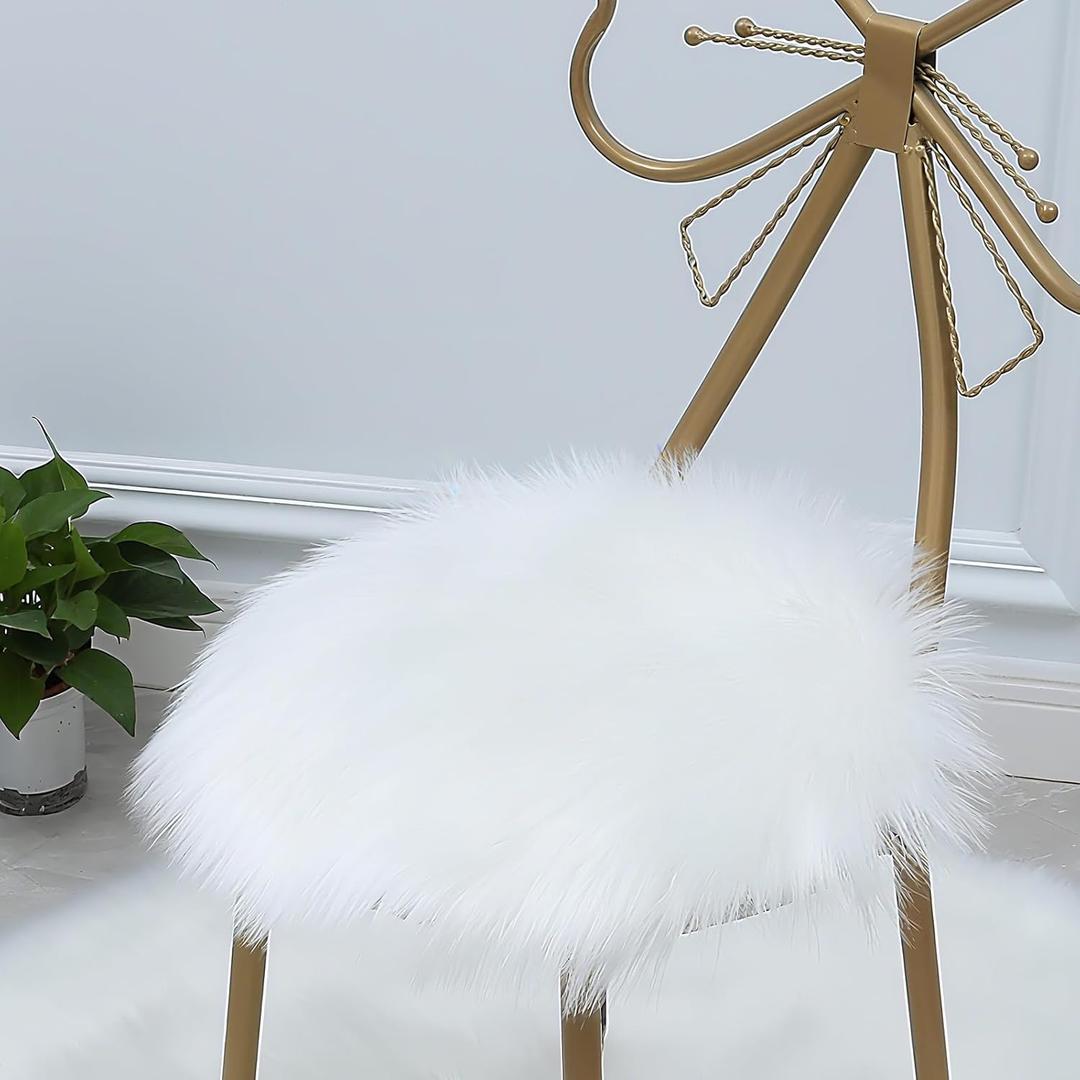 OKAYDA 18" x 18" Round Faux Sheepskin Chair Cover Seat Cushion Pad Super Fluffy Soft Fur Rug for Vanity Chair, Car Seat, Sofa, Living Room, Office (White)