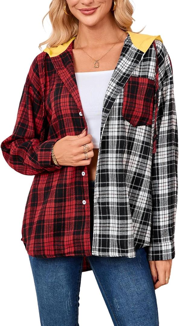 Womens Button Down Shirt Plus Size Blouse Shirts Tartan Plaid Color Block Casual Oversized Boyfriend Hooded Outwear (M)