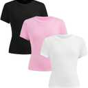 COZYEASE Girl's 3 Pack Summer Basic Tight Shirts Short Sleeve Crew Neck Casual Fitted Tee Tops, Black White Pink Size 11Y