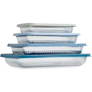 COOK WITH COLOR 8-Piece Deep Glass Baking Dish Set with Plastic Lids  Casserole and Food Storage Containers for Lasagna, Leftovers  Freezer-to-Oven, Microwave & Dishwasher Safe, Fluted Blue