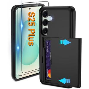 Pilaru for Samsung Galaxy S25 Plus Case with Card Holder and (2 Pcs) HD Screen Protector, Slim Heavy Duty Dual Layer Shockproof Design & Hidden Card Slot Wallet Case for Galaxy S25+ -Black
