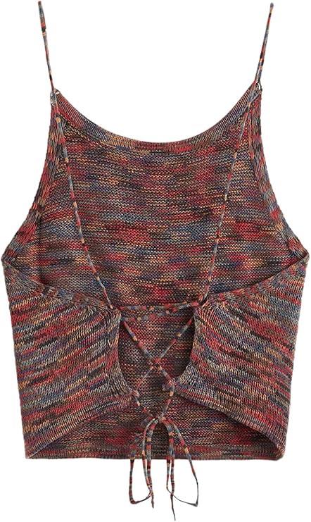 SweatyRocks Women's Sleeveless Space Dye Knit Camisole Criss Cross Backless Crop Top, Size Medium