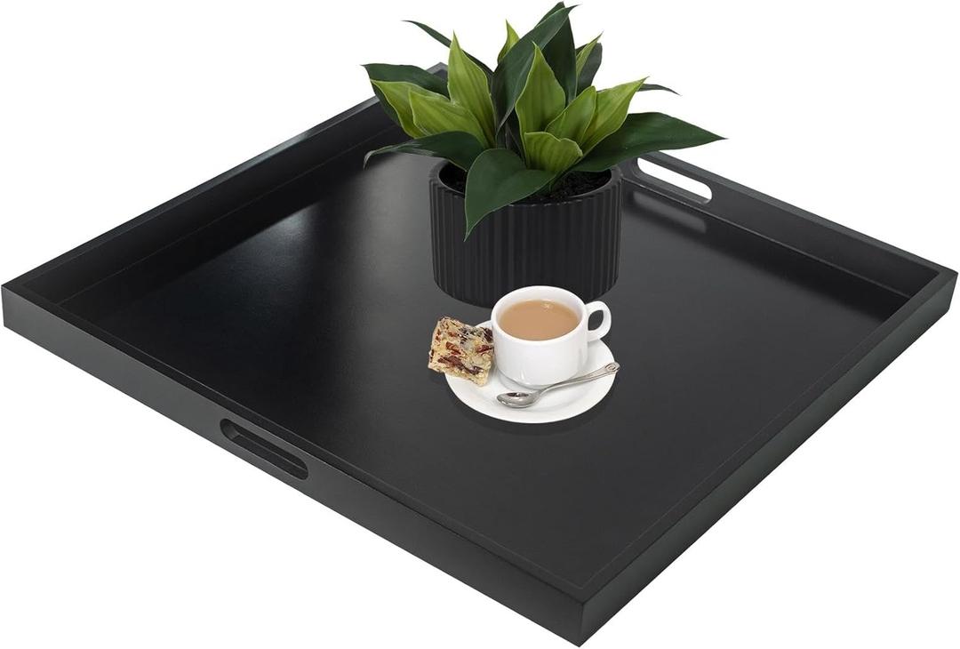 24" Square Large Ottoman Tray, Wood Serving Tray with Handle, Modern Extra Large Black Decorative Trays for Living Room Coffee Table Home