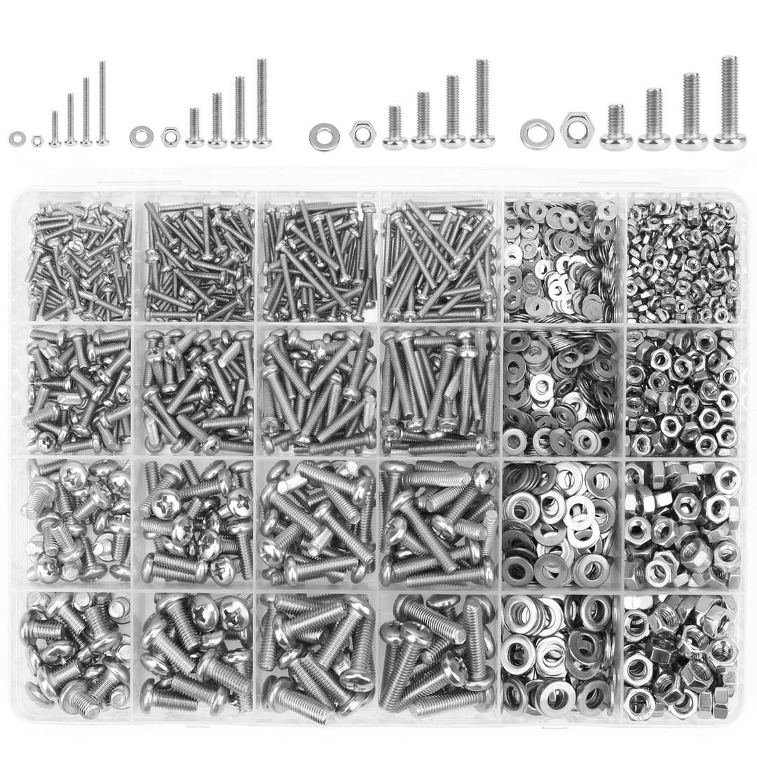 1285 Pieces M2 M3 M4 M5 Screws Nuts Washers Assortment Kit, Metric Screw Set, Bolts and Nuts, Machine Screws, Fully Machine Thread (Silver, Phillips Pan Head Machine Screws Kit)