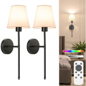NIORSUN 19.9 inch Battery Operated Wall Sconce Set of 2,Black Rechargeable Wall Lights with 5200mAh Dimmable Detachable Bulbs and Remote,10 Colors Wireless Sconces for Bedroom Living Room Hallway
